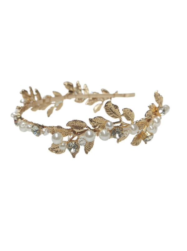 Diadema Dorada Floral Con Perlas